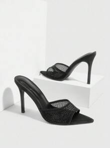 CUCCOO SZL Black Mesh Rhinestone Embellished High Heel Sandals For Christmas Spring Shoes Prom Heels Summer Shoes - Black - View 7