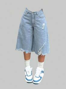 SHEIN Jeans asimmetrici con orlo consumato da ragazza adolescente stile Y2K anni '90, jeans a vita alta 7/8 in denim, pantaloni a gamba larga e dritta, pantaloncini in denim senza elastico, pantaloni casual versatili per l'estate, outfit giovanili e alla moda, outfit per ragazze per l'autunno/inverno, per il ritorno a scuola e per l'ritorno a casa