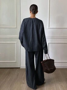 DAZY 2 件套女士休闲牛仔圆领宽松套头衫和抽绳腰阔腿裤套装 - 中等水洗藍 - 查看 5