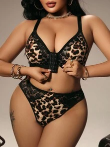 SHEIN Bare Chapter Set de lencería de mujer con estampado de leopardo de 2 piezas, sujetador acolchado con cierre delantero y panty con ribete de encaje, conjunto de ropa interior sexy con parches de encaje, levantamiento