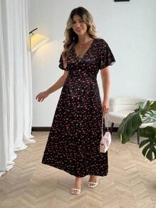 Flirla Đầm thời trang tay ngắn xếp nếp cổ chữ V họa tiết hoa nhỏ xinh dành cho nữ cỡ lớn - màu đen - Xem 5