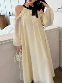 Feyla Women's Elegant Cream And Black Contrast Color Tie Neck Ruffle Hem Dress,Autumn Casual Tea Party Dress,Fall Homecoming Hoco Back To School Outfits - Apricot - View 5