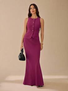 SHEIN Tall 2 件套极简主义时尚单排扣背心裙套装时尚优雅休闲简约日常纯色秋季商务休闲 - 酒紅色 - 查看 4