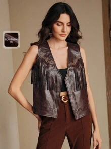 Anewsta Women's Floral Print Fringed PU Leather Single Breasted Vest Jacket - Maroon - View 10