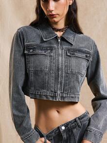 Easelle 女士休闲水洗短款牛仔夹克 - 黑色 - 查看 9