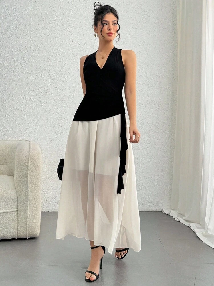 Women's Sleeveless V-Neck Color Block Midi Dress, Elegant Style