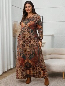 EMERY ROSE Plus Size Women Geometric Print Round Neck Long Sleeve Pocket Casual Loose Dress Plus Size Dress Caftan Dress Boho Dress Earth Tone Dress, Winter Clothes For Women, Christmas, Casual Dress For Women,Winter Dresses For Women,New Year Women's Clothes - Multicolor - View 3