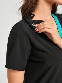 Scrubzie Bộ đồng phục quần áo và cổ áo màu tương phản, bộ đồ phẫu thuật đa năng - màu đen - Xem 5