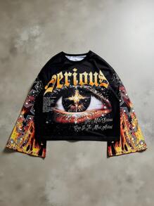 Manfinity EMRG 复古做旧眼睛图案喇叭超大连帽衫，黑橙色，男式图案衬衫，男式火焰衬衫，男式短款图案衬衫，眼睛衬衫，眼睛图案T恤，2000年代风格