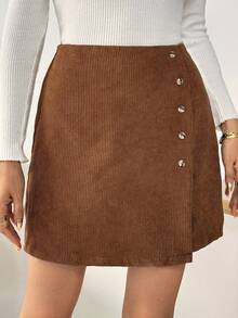 SHEIN LUNE 女式休闲纯色灯芯绒A字裙 - 棕色 - 查看 3