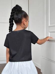 2pcs Young Girl Knitted Numeric Pattern V-Neck T-Shirt And Ruffle Hem Skirt Set - Blue - View 3