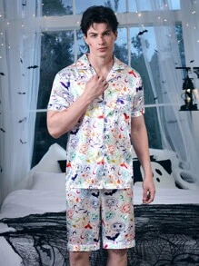 CoupledUp 卡通万圣节元素印花仿丝男士睡衣套装 - 白色 - 查看 2