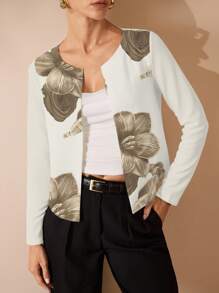 Glamance BiGraphic Women's Elegant Commuter Floral Print Jacket, Suitable For Summer Light Cardigan Women Cropped Blazer Floral Print Cardigan Women Floral Cardigan Women Blazers Printed Cardigan - White - View 1
