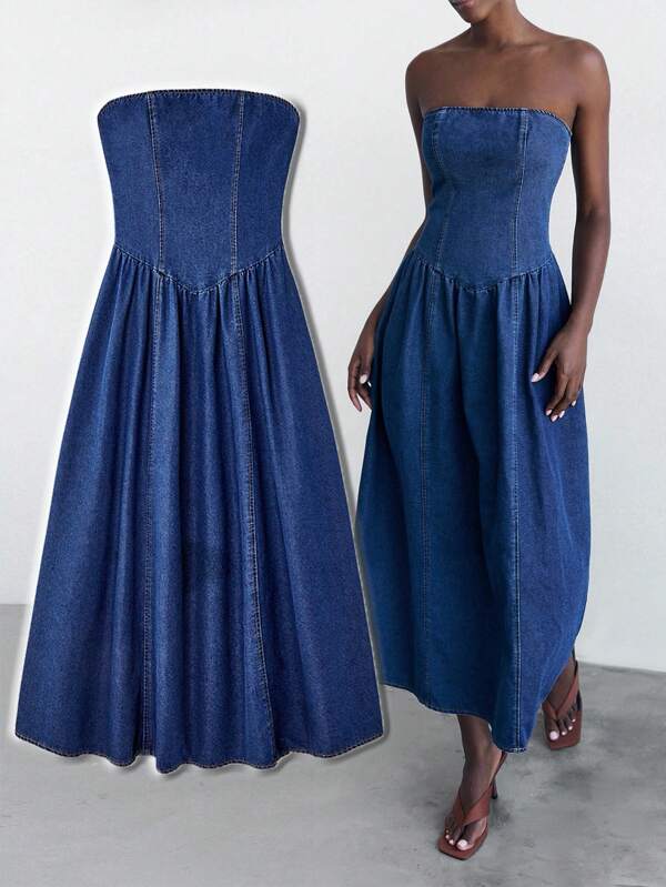Maija Women's Blue Denim Dress Tube Top Dress Elegant Temperament Fall Dresses Going Out Outfits