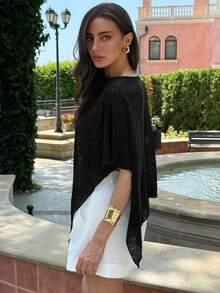 Aloruh Áo choàng cổ yếm dệt kim Jacquard khoét lỗ thời trang mới màu mơ đa năng, phong cách nghỉ dưỡng, nhẹ, mặc nhiều lần, áo thu - màu đen - Xem 5