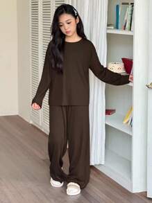 DAZY 青少年女孩休闲家居服睡衣，秋季 - 咖啡棕 - 查看 4