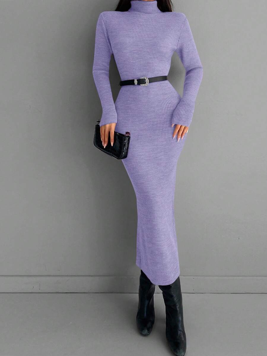 EURMUSE Solid Color High Neck Bodycon Sweater Dress - Purple - View 1