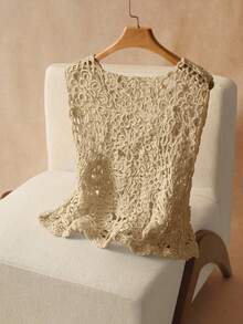 Elaquor 大码休闲纯色镂空针织背心 - 卡其色 - 查看 4