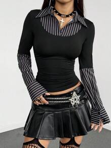 StreetHx Áo sơ mi sọc dài tay dành cho nữ, phong cách Punk, mặc hàng ngày - Đen và trắng - Xem 5