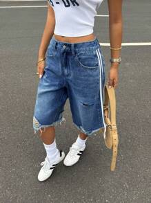 SHEIN ICON 女式侧条纹口袋做旧磨边宽松牛仔短裤