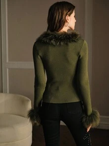 MOTF PREMIUM CARDIGAN SLIM FIT CU DETALII DE BLÂNĂ ARTIFICIALĂ ÎN CONTRAST