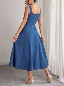 Elenzga 女式无袖单排扣长款牛仔连衣裙 - 中等水洗藍 - 查看 3