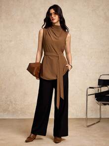 House of One Mock Beck Ruched Sleeves Top With Self Belt Tie Women Casual Summer Autumn Wear Brown Top Dark Brown Top Coffee Brown Top Chocolate Brown Top Top With Belt