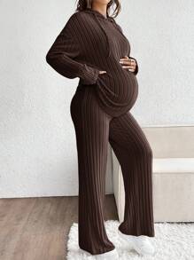 SHEIN 2件套孕妇休闲纯色连帽上衣和裤子套装