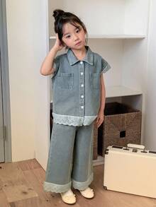 DAZY 2件套少女蕾丝拼接韩版牛仔衬衫和宽松牛仔短裤套装 - 中等水洗藍 - 查看 5