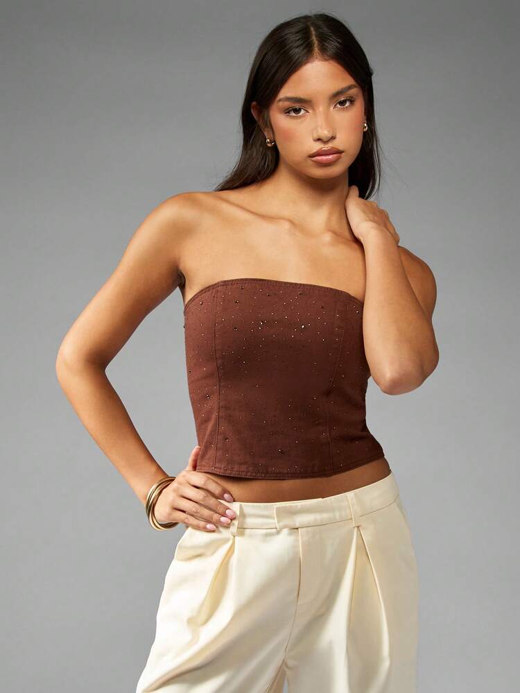 MISSGUIDED Hotfix Crystal Embellished Denim Bandeau Top Strapless Crop Tube Top Sparkly Party Festival Summer Clubwear
