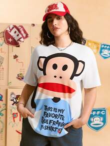 Paul Frank X SHEIN maglietta a maniche corte con scollo rotondo e stampa di scimmia, taglie comode - Bianco - Visualizzare 3