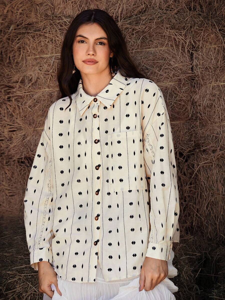 Freevana 大码极简印花长袖衬衫 女士衬衫和衬衫 波西米亚风衬衫 女士西部衬衫 外出上衣 女士商务休闲装 女士花卉上衣 奶油黄色上衣 冬季服装 女士纽扣衬衫 刺绣秋装 女士西部服饰 2000 年代冬季风格 复古风 女士外出办公室教师服装 - 彩色 - 查看 1