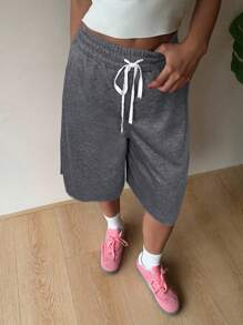 SHEIN EZwear 大码女式深灰色阔腿休闲短裤