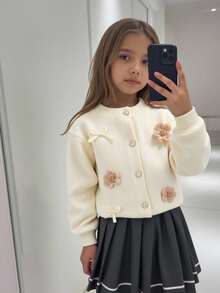 SHEIN 秋冬宽松舒适少女圆领长袖毛衣和纯色裙子套装 - 卡其色 - 查看 2