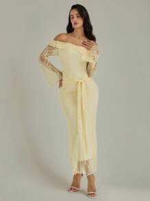 Modelyn Women's Lace Ruffle Off Shoulder Long Sleeve Fitted Elegant Dress Pale Yellow Lace Dress Off Shoulder Lace Dress Long Sleeve Lace Dress Gold Lace Dress Luxury Lace Dress,Fashionable, Casual, And Elegant Women's Autumn. Autumn Tops, Women's Shirts, Women's Corset Tops, Fashionable Back-To-Work And Back-To-School With Waist Cinching, Halloween Costumes, And Dresses For Mom. - Butter Yellow - View 6