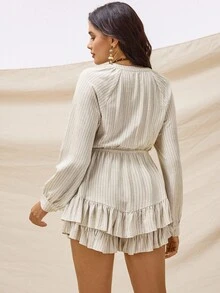 Boho Mama Fall Clothes  Maternity Striped Front Tie Raglan Sleeve Fitted Jumpsuit Boho Maternity Long Sleeve Fall Winter Clothes Bohemian - Apricot - View 2