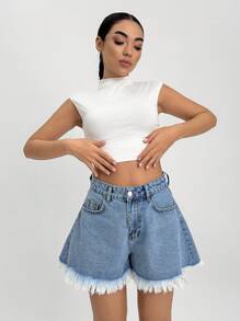 SHEIN Cottnline سروال جينز قصير ونطاق ساقه عريض مع جيوب وهامش مبتر للنساء - أزرق متوسط - مشاهدة 3