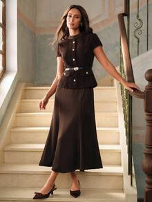 Anewsta Women's Elegant Coffee Color Dress With Tweed & Satin Patchwork, Fishtail Hem, Summer New Arrival - Coffee - View 9