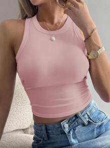 DAZY Women's Slim Fit Ribbed Crew Neck Casual Solid Color Tank Top Crop Tops Women - Baby Pink - View 2