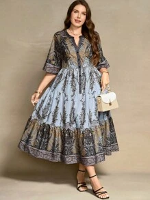 SHEIN Clasi 大码随机印花连衣裙 Maxi 女装 - 淺藍色 - 查看 6