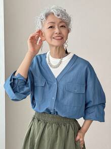FRIFUL Camisa casual suelta de mujer de un solo pecho con bolsillo de carga, de manga larga y hombros caídos, de unicolor, para otoño e invierno - Azul - Ver 7