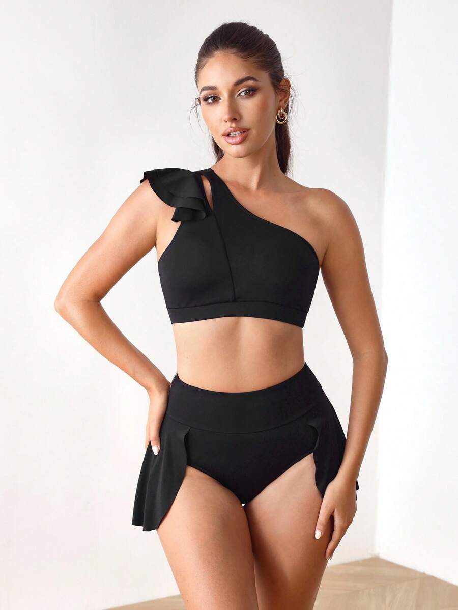 Menodora SHEIN Sport Damska jednokolorowa bluzka z jednym ramieniem i krótkim rękawem oraz spódniczkami, inne stroje do tańca