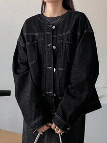 FRIFUL 女士休闲百搭落肩宽松牛仔夹克黑色牛仔夹克超大牛仔夹克牛仔夹克女式加大码牛仔夹克女式黑色牛仔夹克 - 黑色 - 查看 6