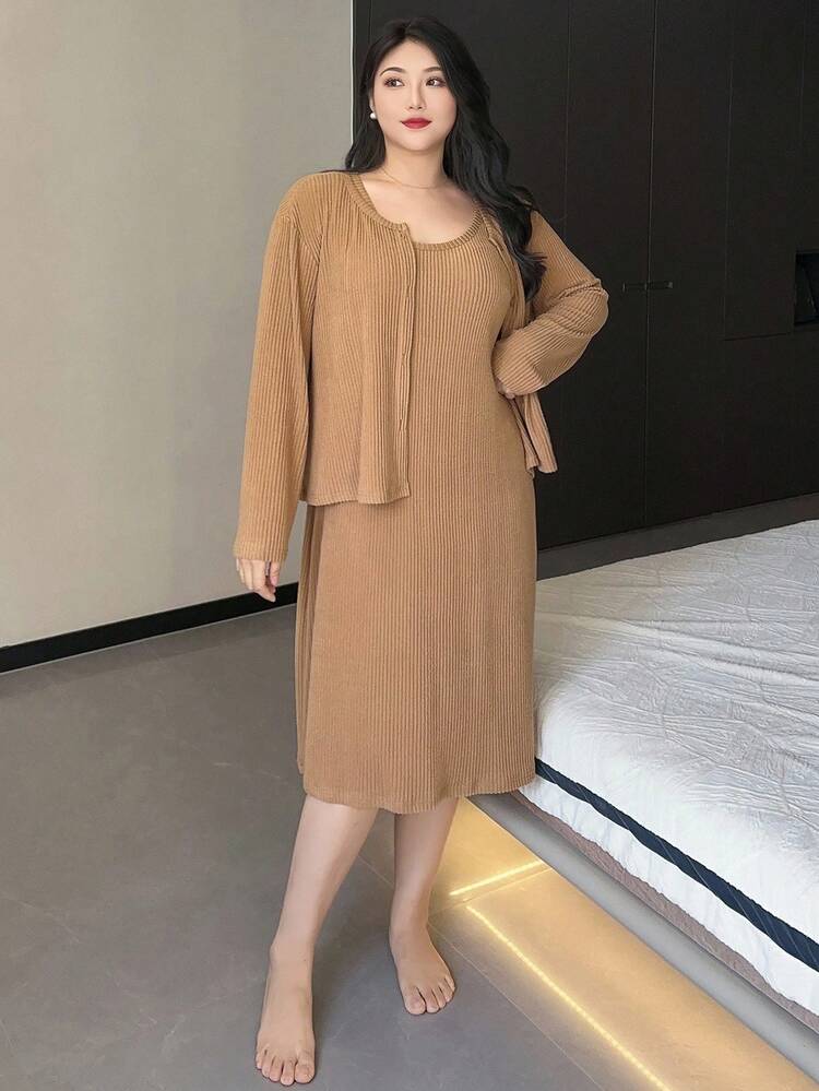 Dazy Plus 2pcs Knitted Ribbed Tank Dress & Cardigan Loungewear Set, Casual Plus Size Pajamas, Outfits