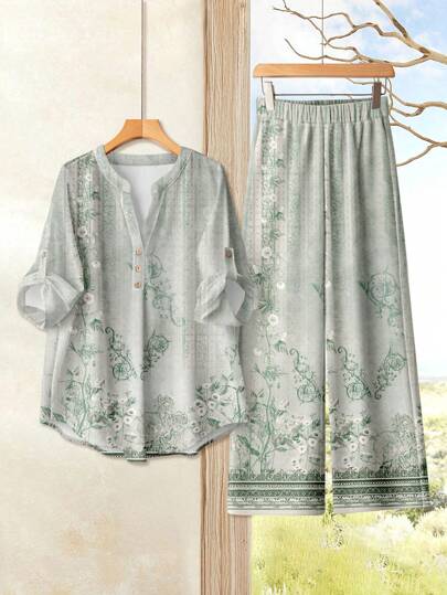 Rusticease 女士休闲复古碎花长袖两件套，适合秋冬季