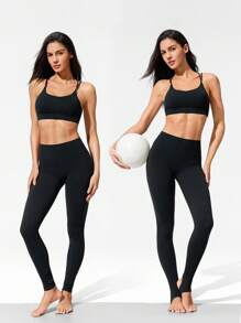 GLOWMODE 31" FeatherFit™ Stretch And Stride Buttery-Soft Stretchy Sweat-Wicking Stirrup Leggings Low Impact Yoga Pilates Studio Daily Casual Wear Fall Winter - Black - View 2