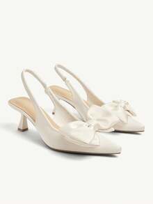 CUCCOO CHICEST Women's Pointed Toe Bow Decor Mid Heel Pumps, Elegant Romantic Sweet Fashion Satin Slip-On High Heels, Suitable For Formal Occasions, Afternoon Tea, Dates, Parties, Christmas, Thanksgiving, Birthdays, Valentine's Day - White - View 9