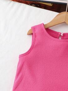 2pcs Young Girl Textured Fabric Contrast Hem Sleeveless Top & Casual Shorts Set Girls Pink Two Piece Set Girls Summer Outfits Pink Short Sets Girls