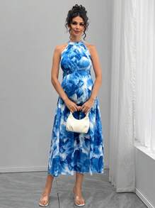 Momance Váy bầu họa tiết hoa buộc eo hai dây - Màu xanh nhạt - Xem 5