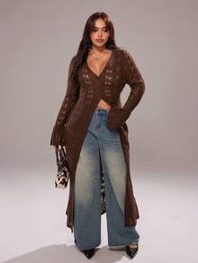 Rustia 返校棕色长款开衫、镂空针织毛衣开衫、休闲风长款喇叭袖毛衣开衫